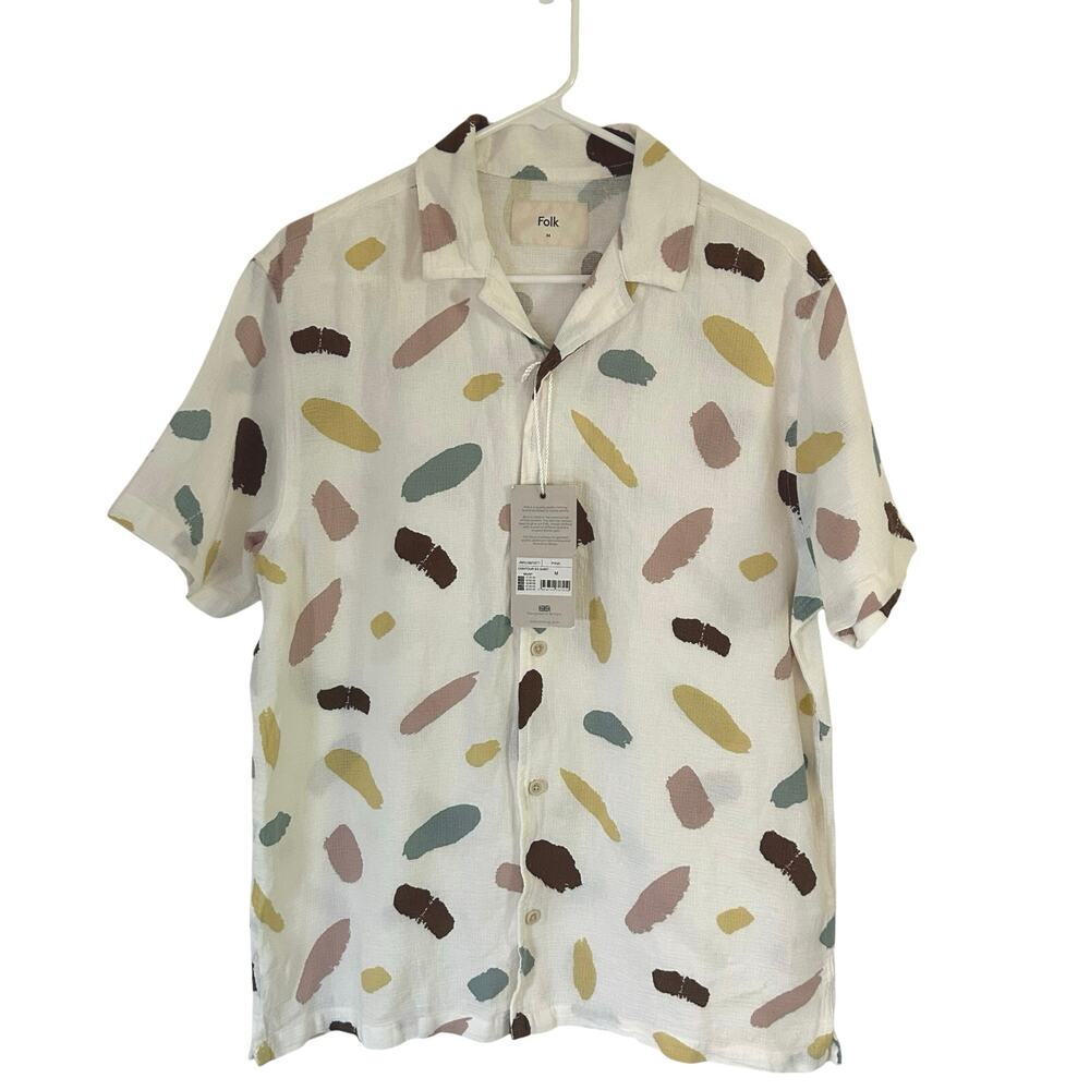 Folk Men's Button Up Textured Contour Cotton Short Sleeve Top M Medium New